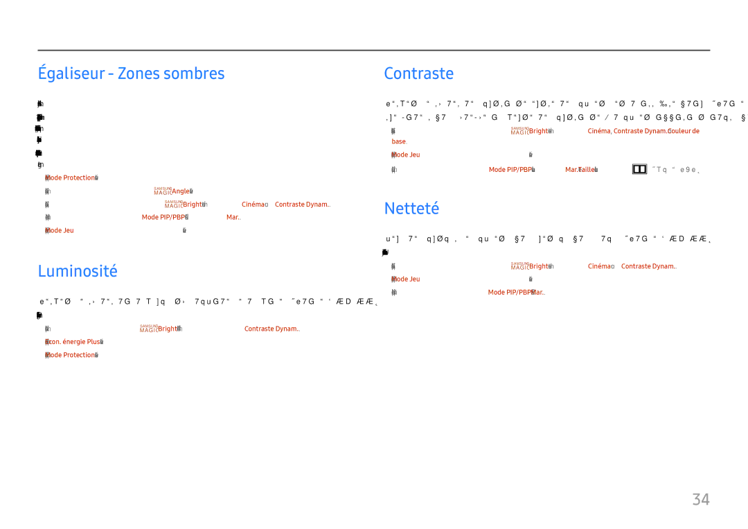 Samsung LU32H850UMUXEN, LU28H750UQUXEN manual Égaliseur Zones sombres, Luminosité, Contraste, Netteté 