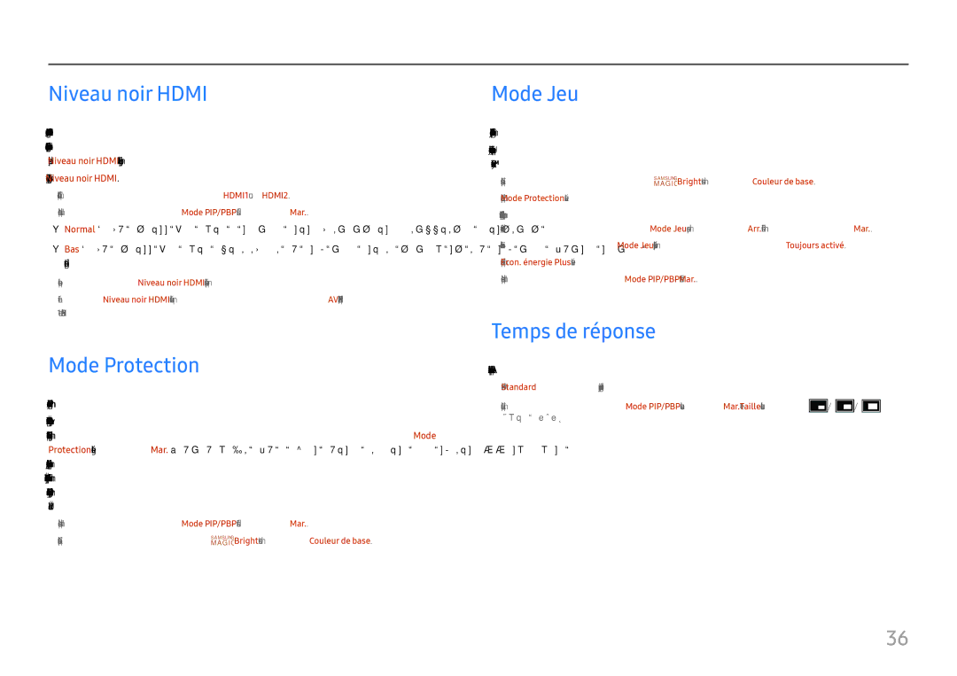 Samsung LU32H850UMUXEN, LU28H750UQUXEN manual Niveau noir Hdmi, Mode Protection, Mode Jeu, Temps de réponse 