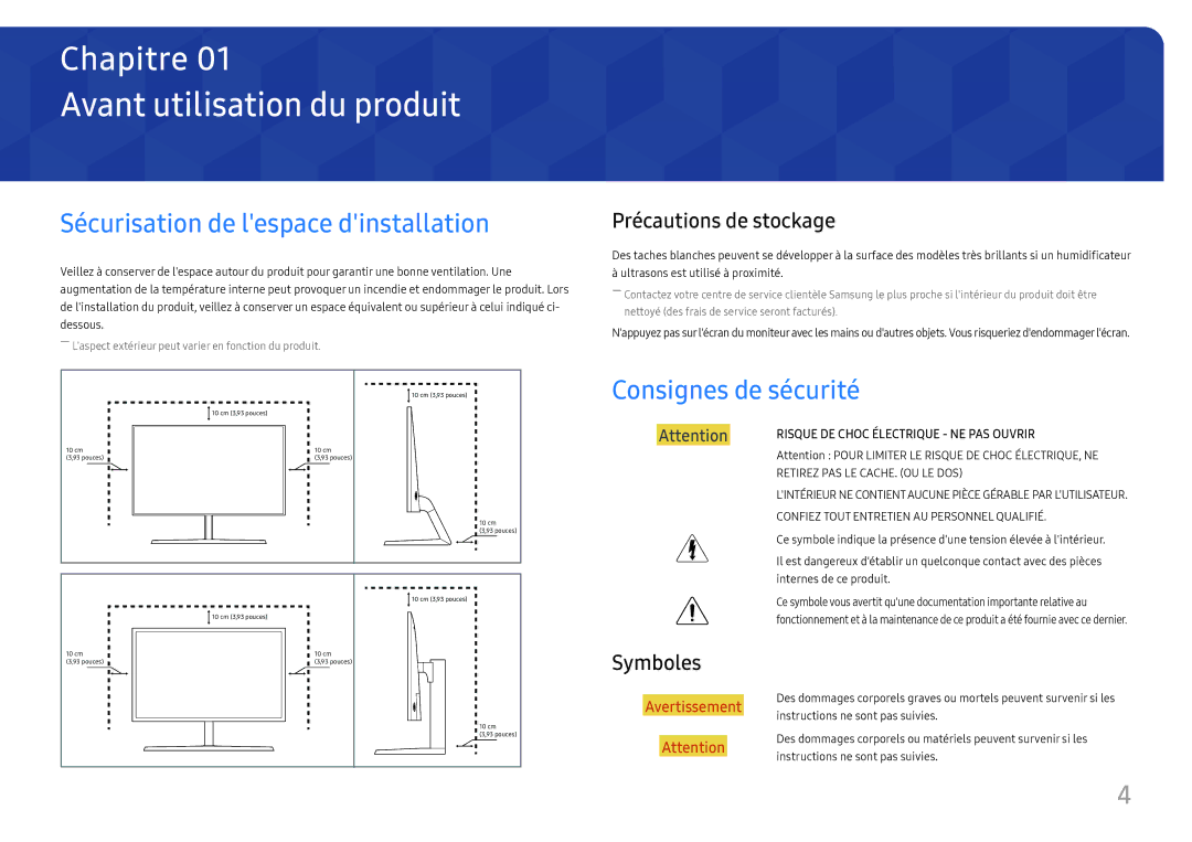 Samsung LU32H850UMUXEN manual Avant utilisation du produit, Sécurisation de lespace dinstallation, Consignes de sécurité 