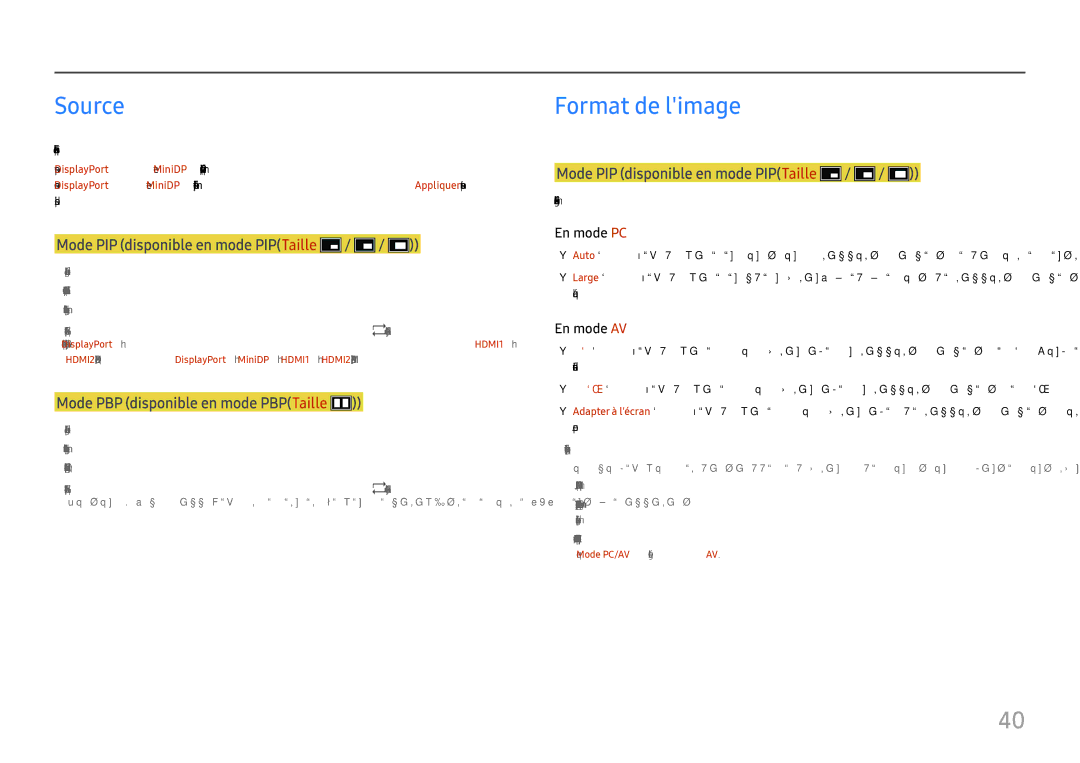 Samsung LU32H850UMUXEN, LU28H750UQUXEN manual Source, Mode PIP disponible en mode PIPTaille 