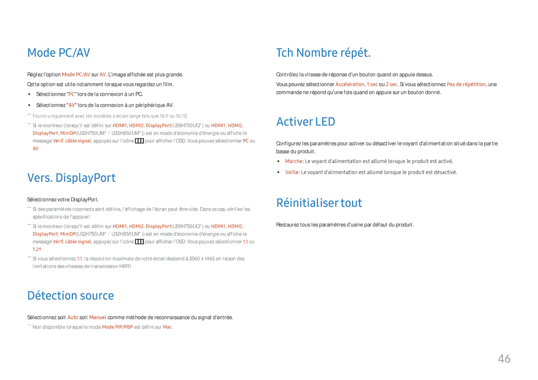 Samsung LU32H850UMUXEN Mode PC/AV, Vers. DisplayPort, Détection source, Tch Nombre répét, Activer LED, Réinitialiser tout 
