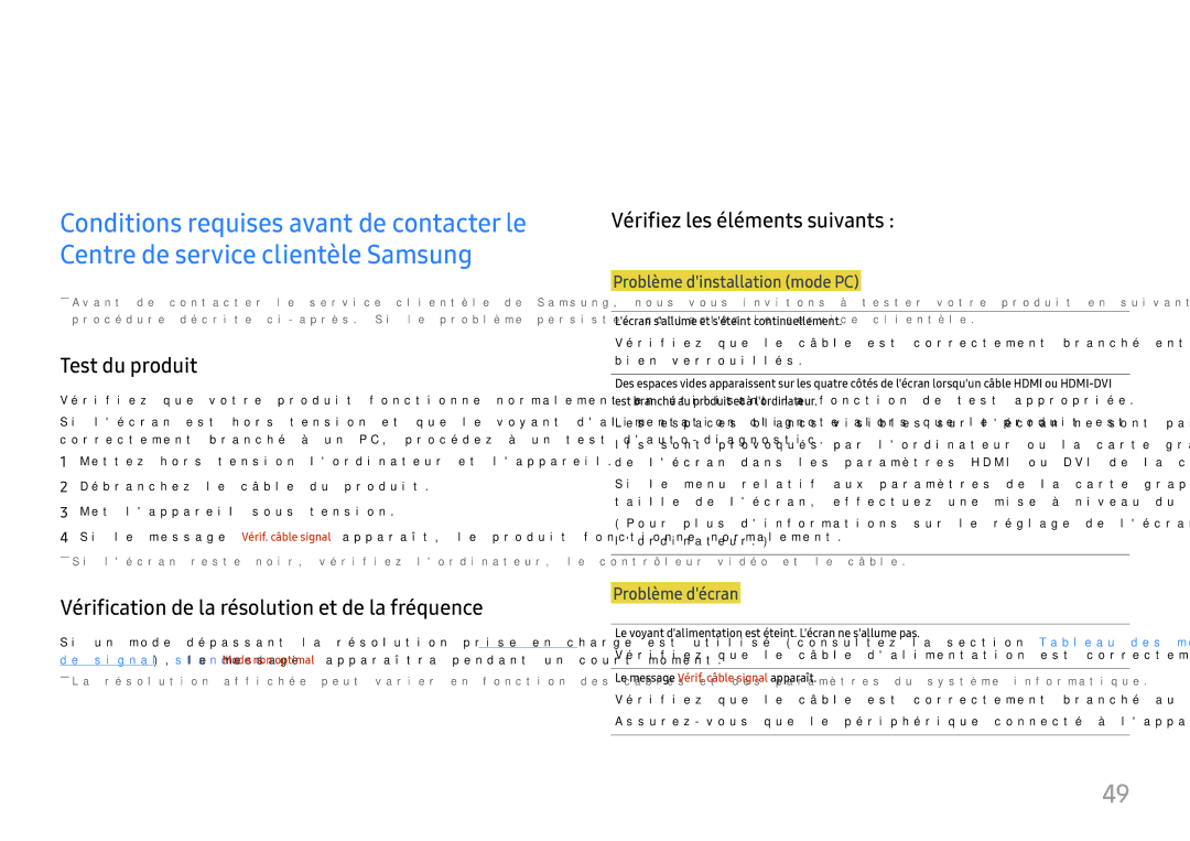 Samsung LU28H750UQUXEN manual Guide de dépannage, Test du produit, Vérification de la résolution et de la fréquence 