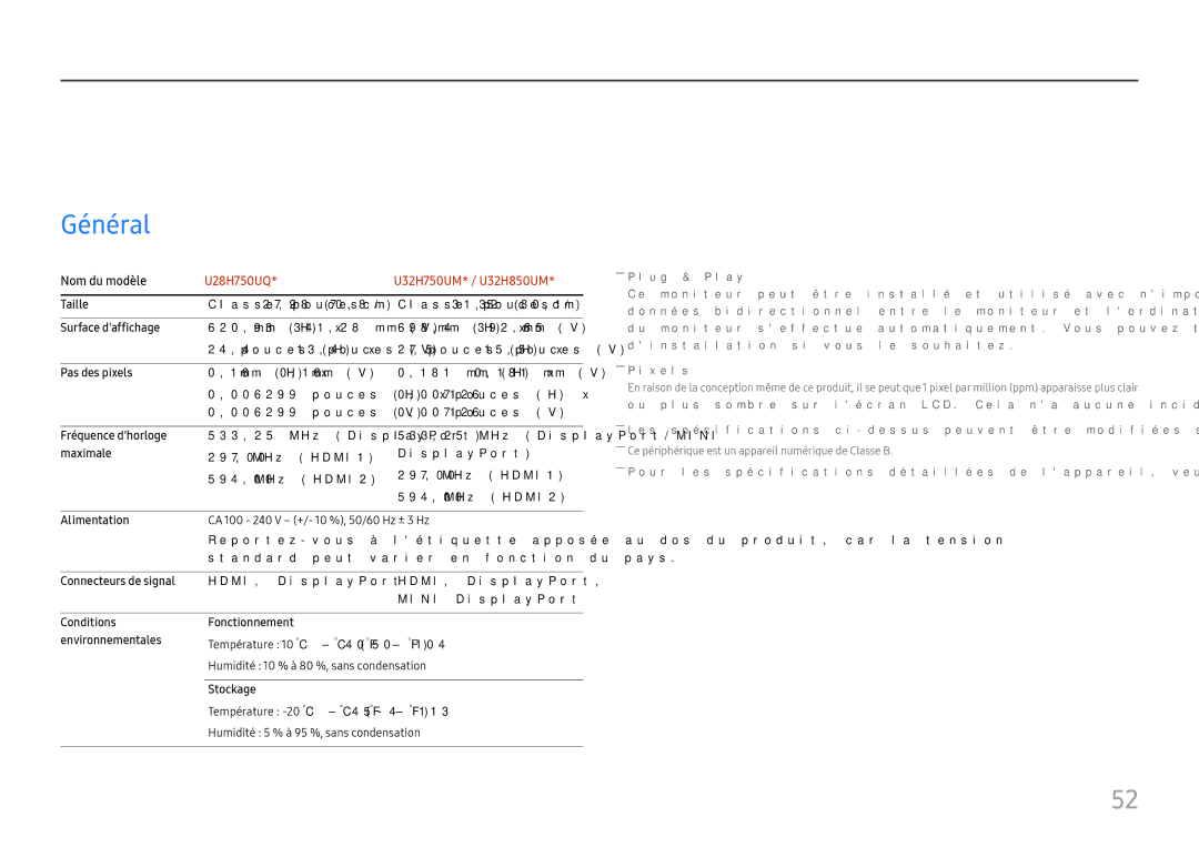 Samsung LU32H850UMUXEN, LU28H750UQUXEN manual Caractéristiques techniques, Général, Nom du modèle 