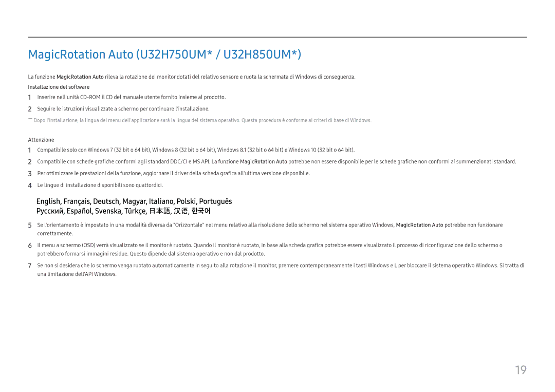 Samsung LU28H750UQUXEN, LU32H850UMUXEN manual MagicRotation Auto U32H750UM* / U32H850UM, Installazione del software 