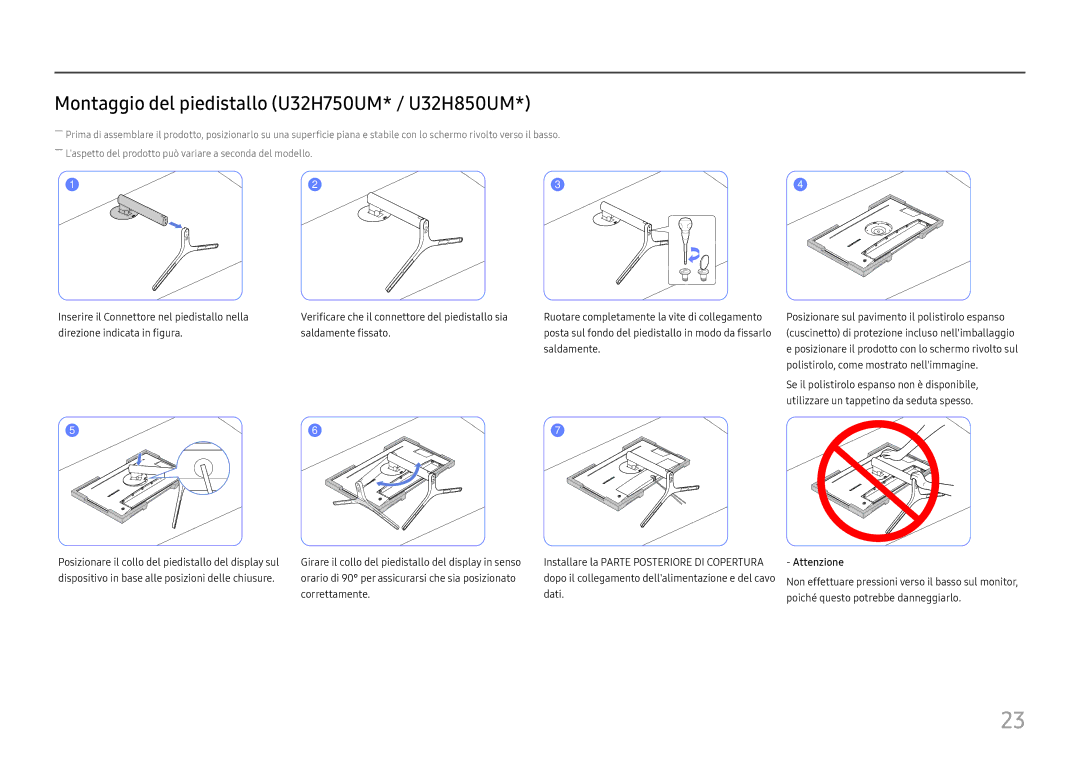 Samsung LU28H750UQUXEN, LU32H850UMUXEN manual Montaggio del piedistallo U32H750UM* / U32H850UM 