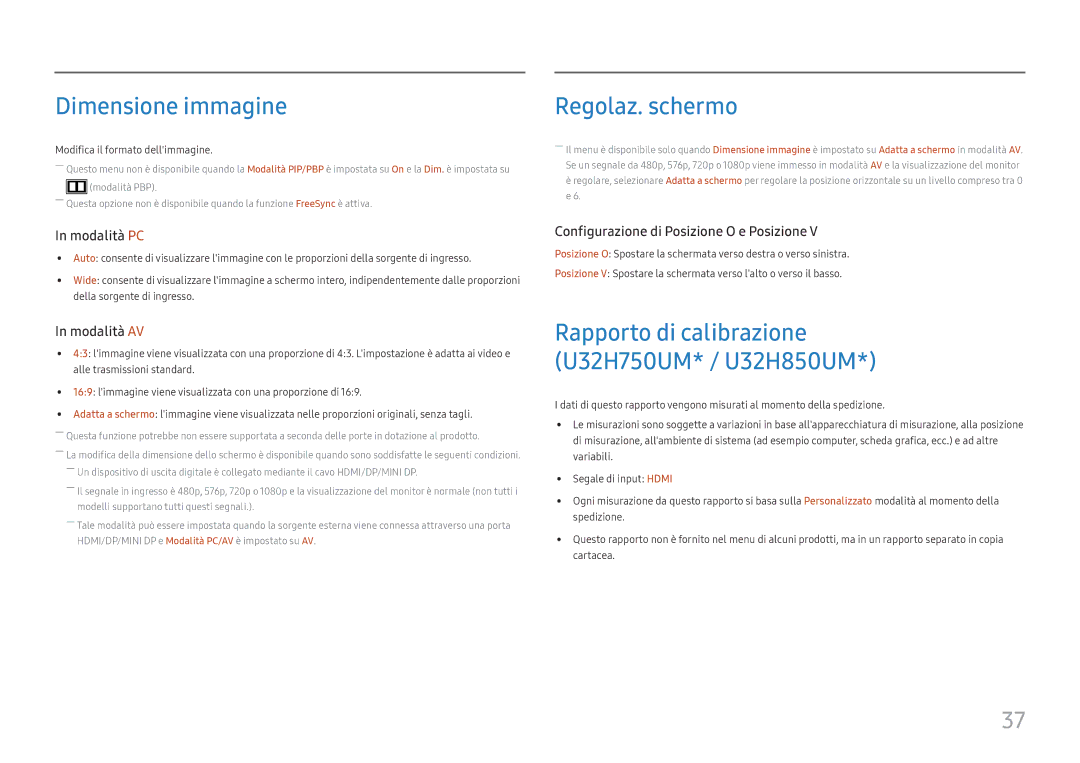 Samsung LU28H750UQUXEN, LU32H850UMUXEN manual Dimensione immagine, Regolaz. schermo 