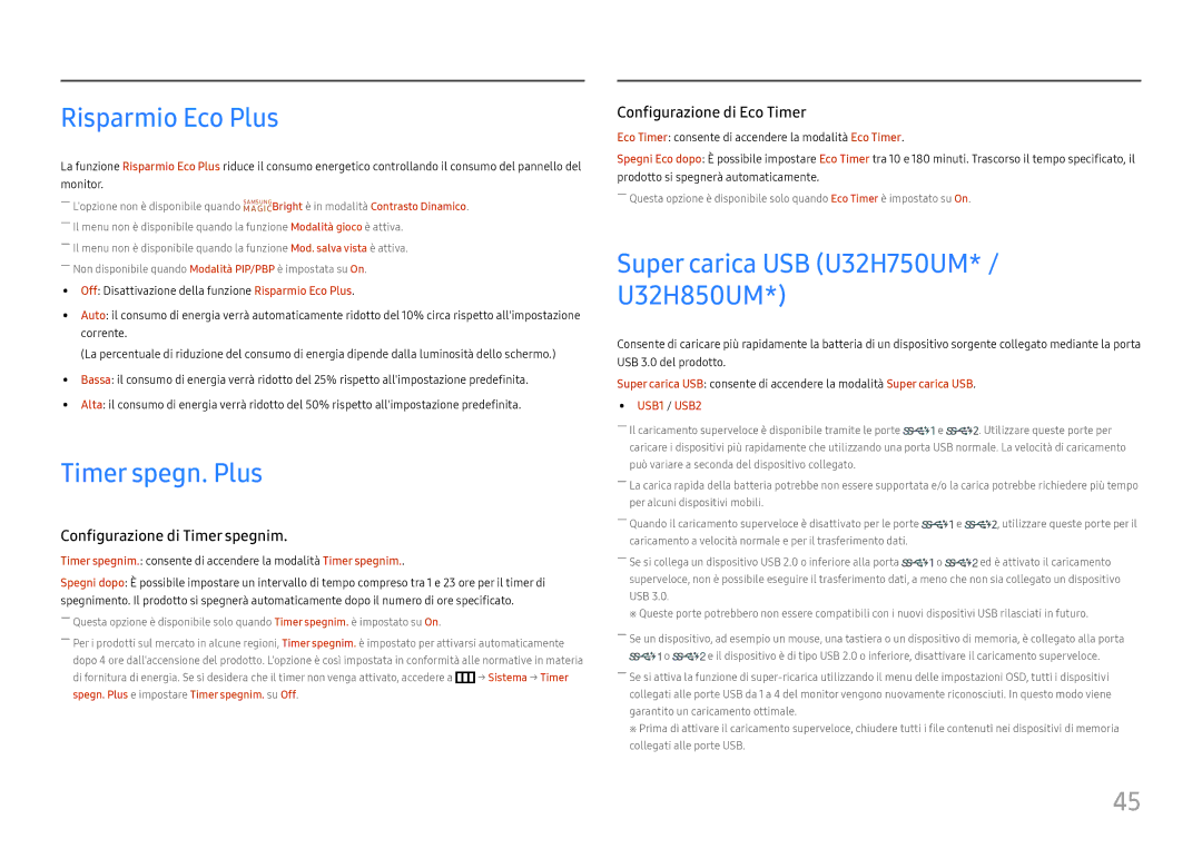 Samsung LU28H750UQUXEN, LU32H850UMUXEN manual Risparmio Eco Plus, Timer spegn. Plus, Super carica USB U32H750UM U32H850UM 