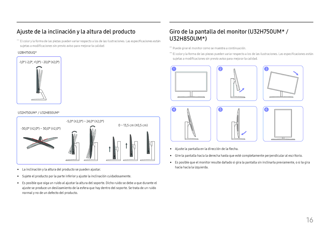 Samsung LU32H850UMUXEN, LU28H750UQUXEN manual Ajuste de la inclinación y la altura del producto 