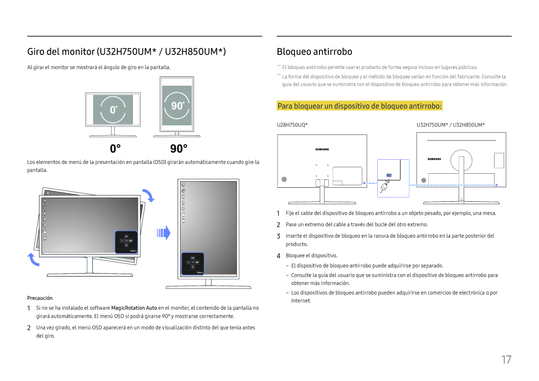 Samsung LU28H750UQUXEN, LU32H850UMUXEN manual Giro del monitor U32H750UM* / U32H850UM, Bloqueo antirrobo, Precaución 