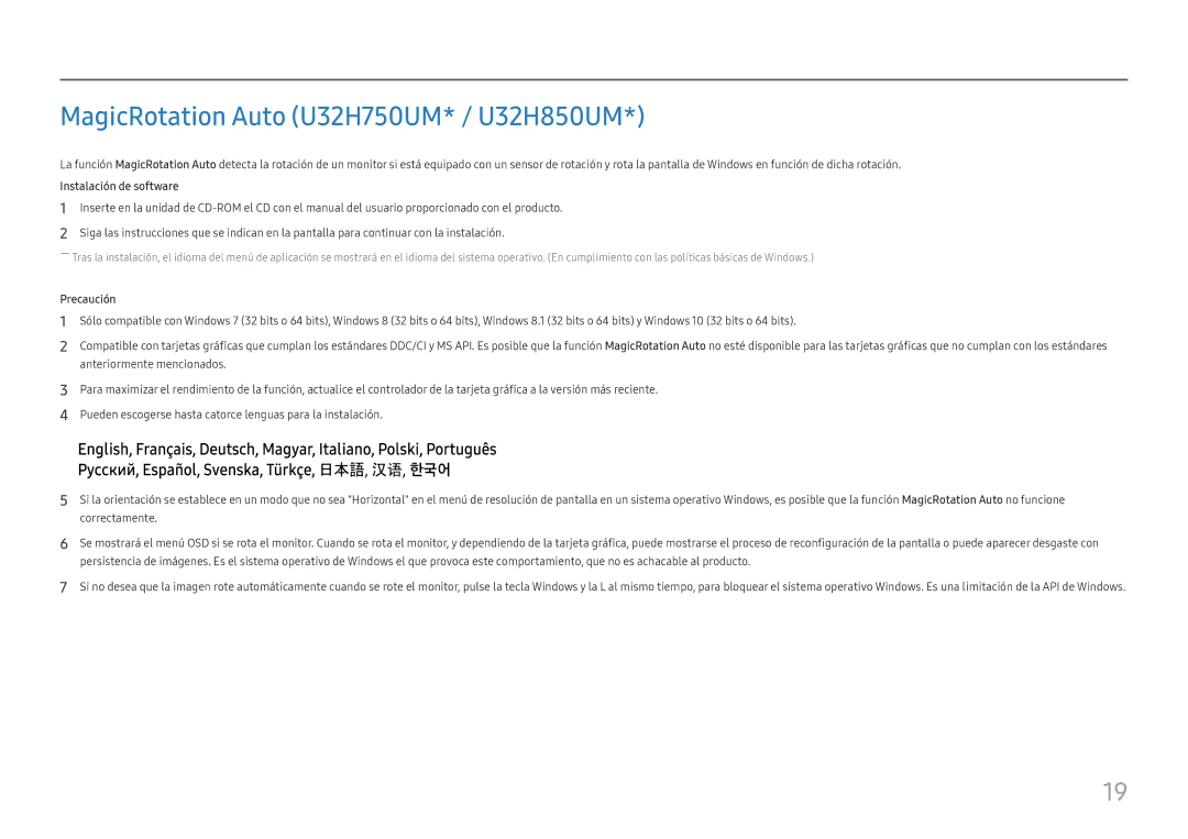 Samsung LU28H750UQUXEN, LU32H850UMUXEN manual MagicRotation Auto U32H750UM* / U32H850UM, Instalación de software 