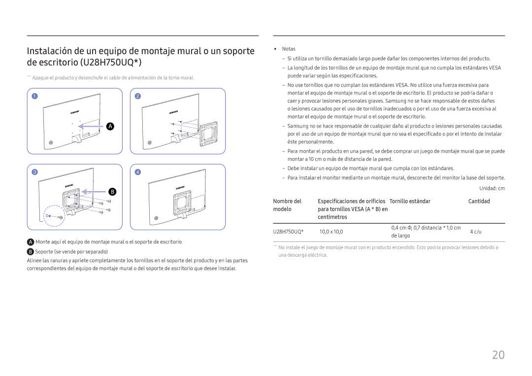 Samsung LU32H850UMUXEN, LU28H750UQUXEN manual Nombre del Especificaciones de orificios Tornillo estándar 