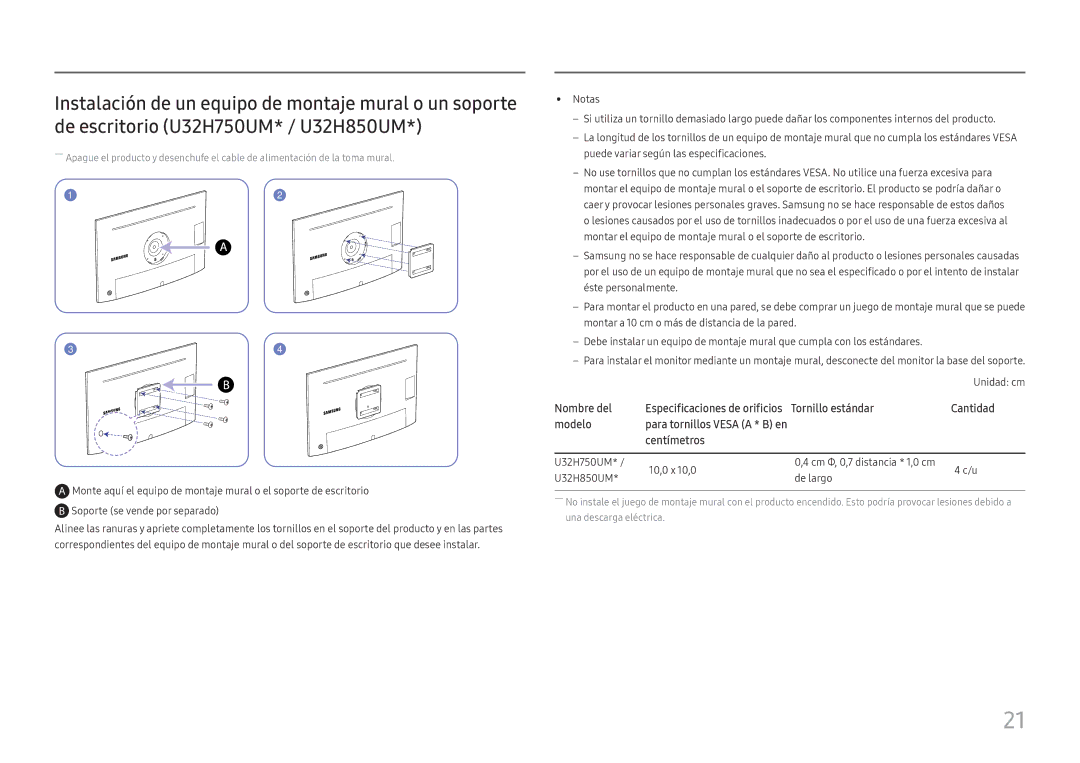 Samsung LU28H750UQUXEN, LU32H850UMUXEN manual Nombre del Especificaciones de orificios Tornillo estándar 