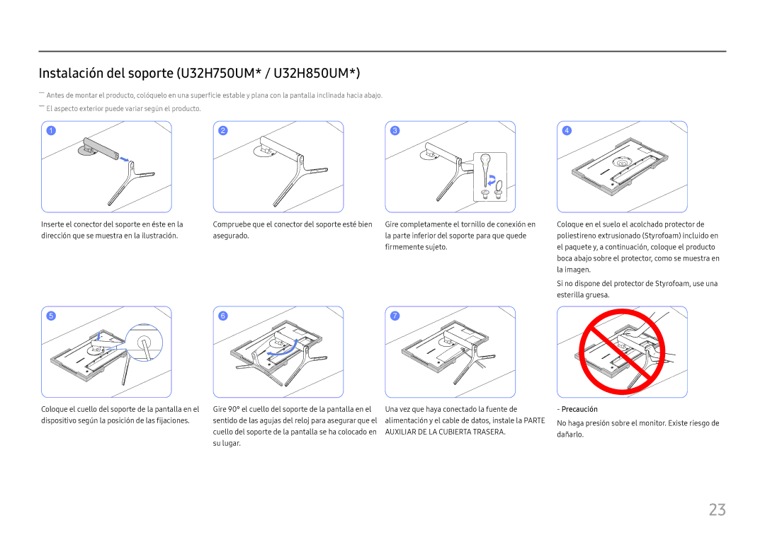 Samsung LU28H750UQUXEN, LU32H850UMUXEN manual Instalación del soporte U32H750UM* / U32H850UM 