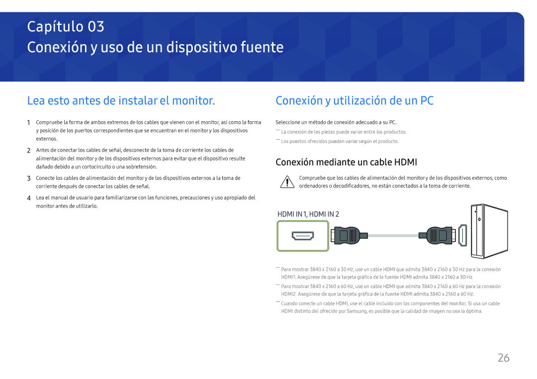 Samsung LU32H850UMUXEN, LU28H750UQUXEN manual Conexión y uso de un dispositivo fuente, Lea esto antes de instalar el monitor 