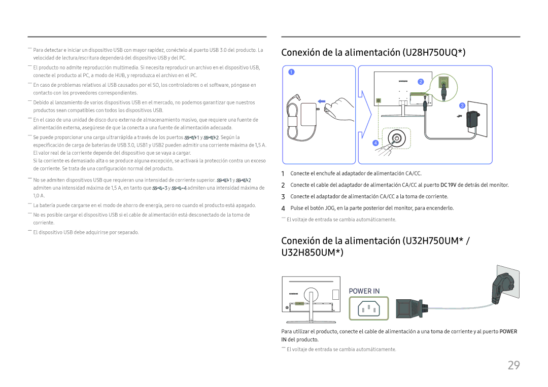 Samsung LU28H750UQUXEN manual Conexión de la alimentación U28H750UQ, Conexión de la alimentación U32H750UM* / U32H850UM 