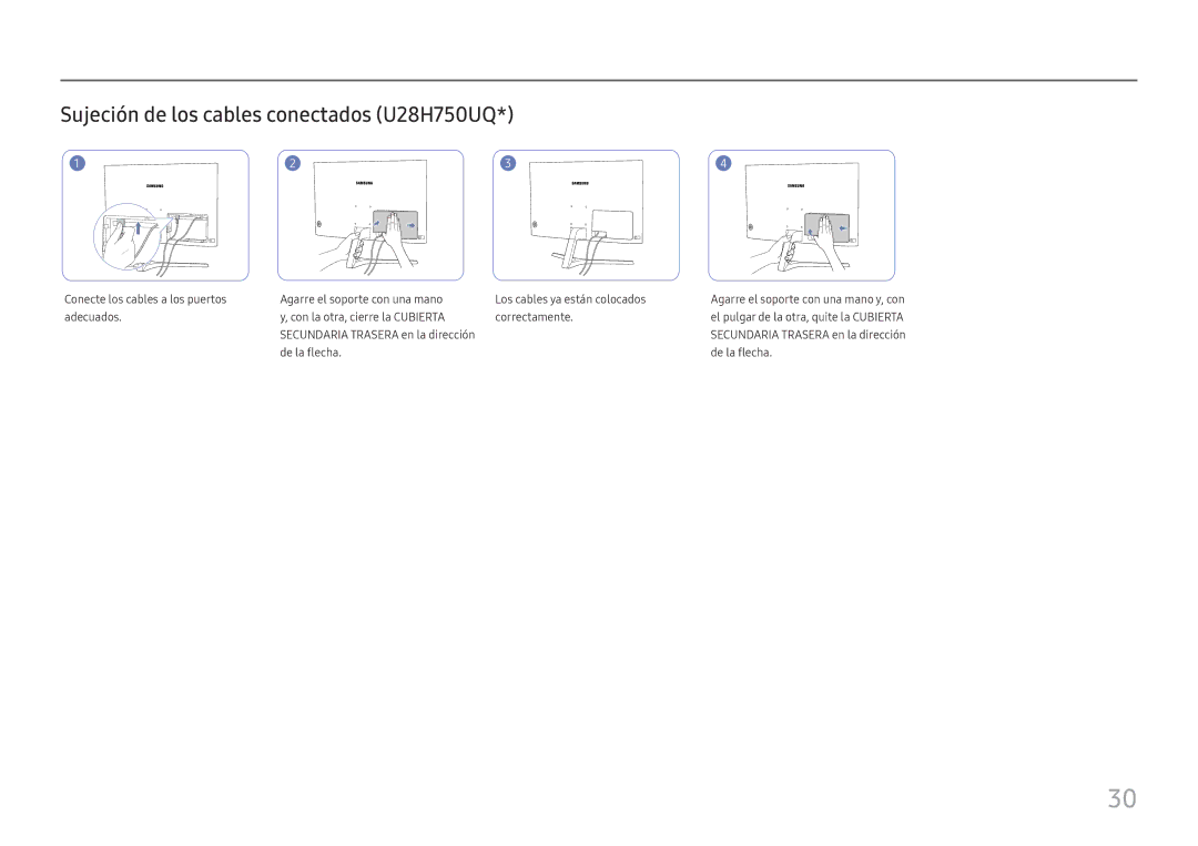 Samsung LU32H850UMUXEN, LU28H750UQUXEN manual Sujeción de los cables conectados U28H750UQ 