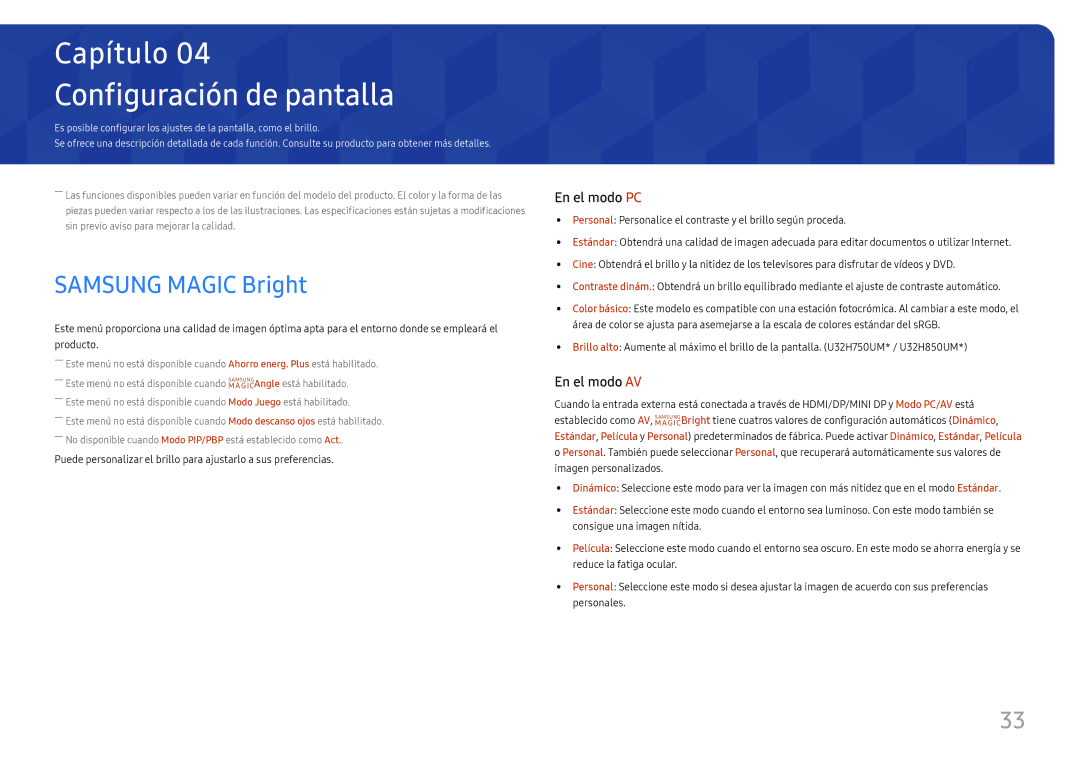 Samsung LU28H750UQUXEN, LU32H850UMUXEN manual Configuración de pantalla, Samsung Magic Bright 