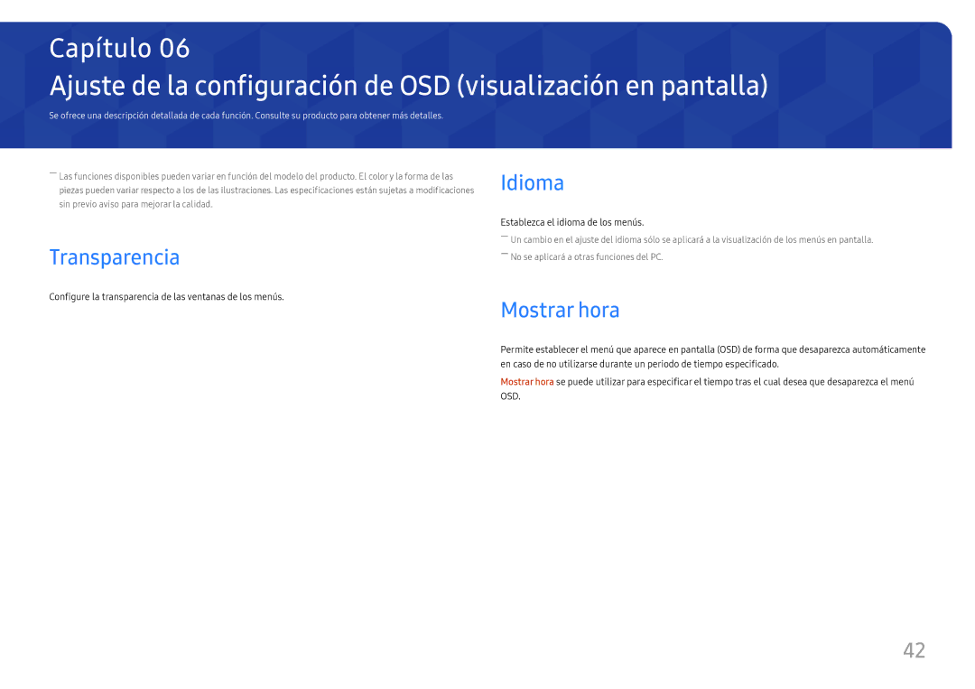 Samsung LU32H850UMUXEN manual Ajuste de la configuración de OSD visualización en pantalla, Transparencia, Mostrar hora 