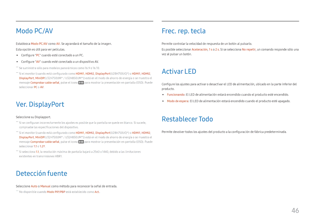 Samsung LU32H850UMUXEN Modo PC/AV, Ver. DisplayPort, Detección fuente, Frec. rep. tecla, Activar LED, Restablecer Todo 