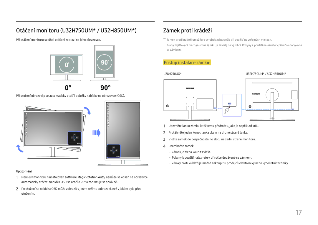 Samsung LU28H750UQUXEN, LU32H850UMUXEN manual Otáčení monitoru U32H750UM* / U32H850UM, Zámek proti krádeži, Upozornění 