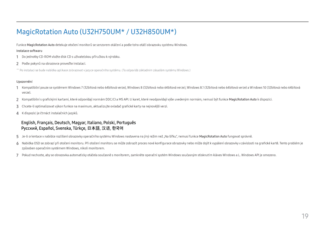 Samsung LU28H750UQUXEN, LU32H850UMUXEN manual MagicRotation Auto U32H750UM* / U32H850UM, Instalace softwaru 