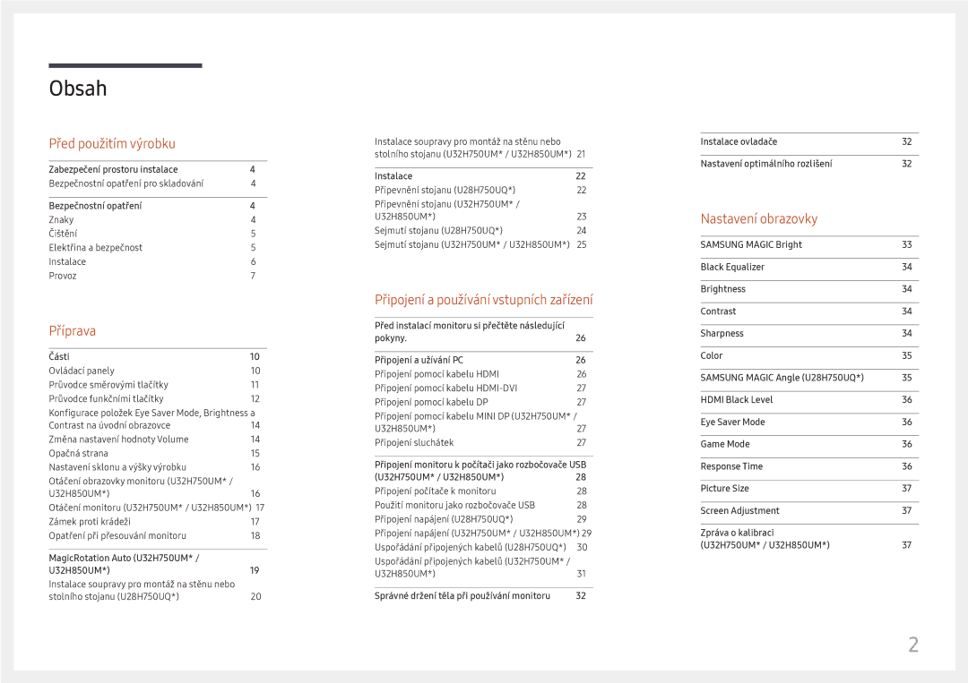 Samsung LU32H850UMUXEN, LU28H750UQUXEN manual Obsah 