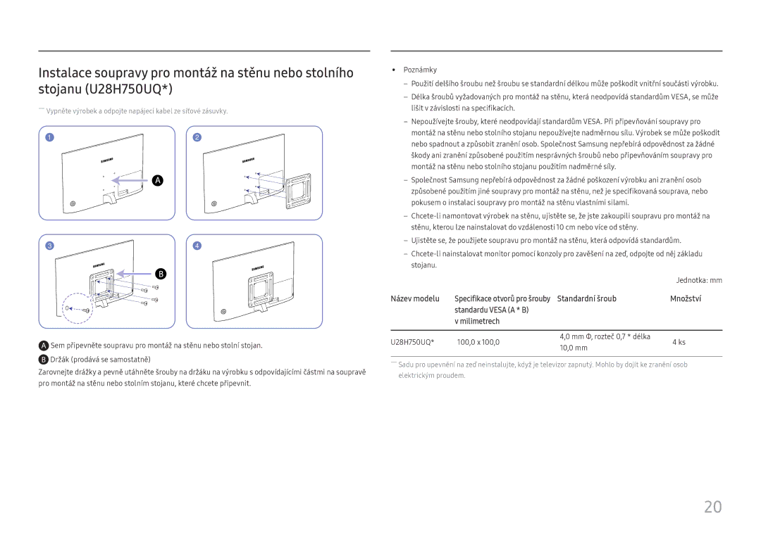 Samsung LU32H850UMUXEN, LU28H750UQUXEN manual ――Vypněte výrobek a odpojte napájecí kabel ze síťové zásuvky 