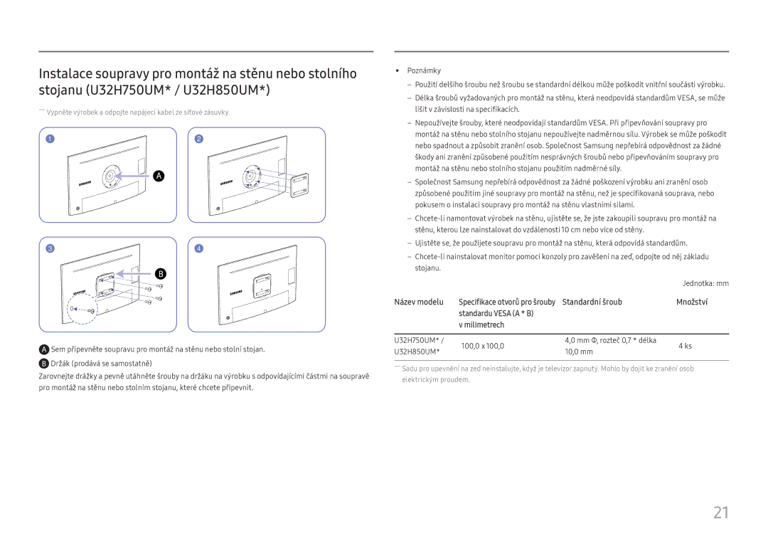 Samsung LU28H750UQUXEN, LU32H850UMUXEN manual Jednotka mm 