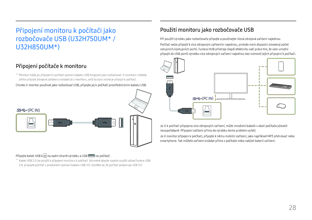 Samsung LU32H850UMUXEN, LU28H750UQUXEN manual Připojení počítače k monitoru, Použití monitoru jako rozbočovače USB 