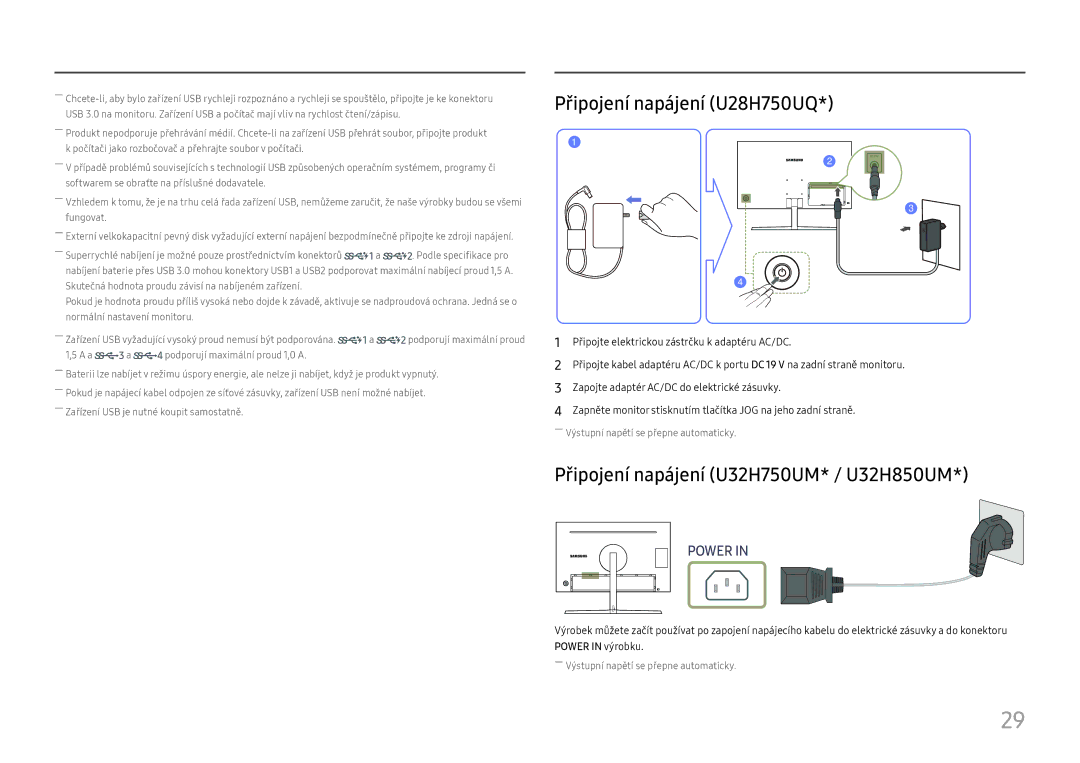 Samsung LU28H750UQUXEN, LU32H850UMUXEN manual Připojení napájení U28H750UQ, Připojení napájení U32H750UM* / U32H850UM 