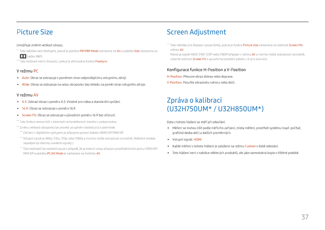 Samsung LU28H750UQUXEN, LU32H850UMUXEN manual Picture Size, Screen Adjustment 