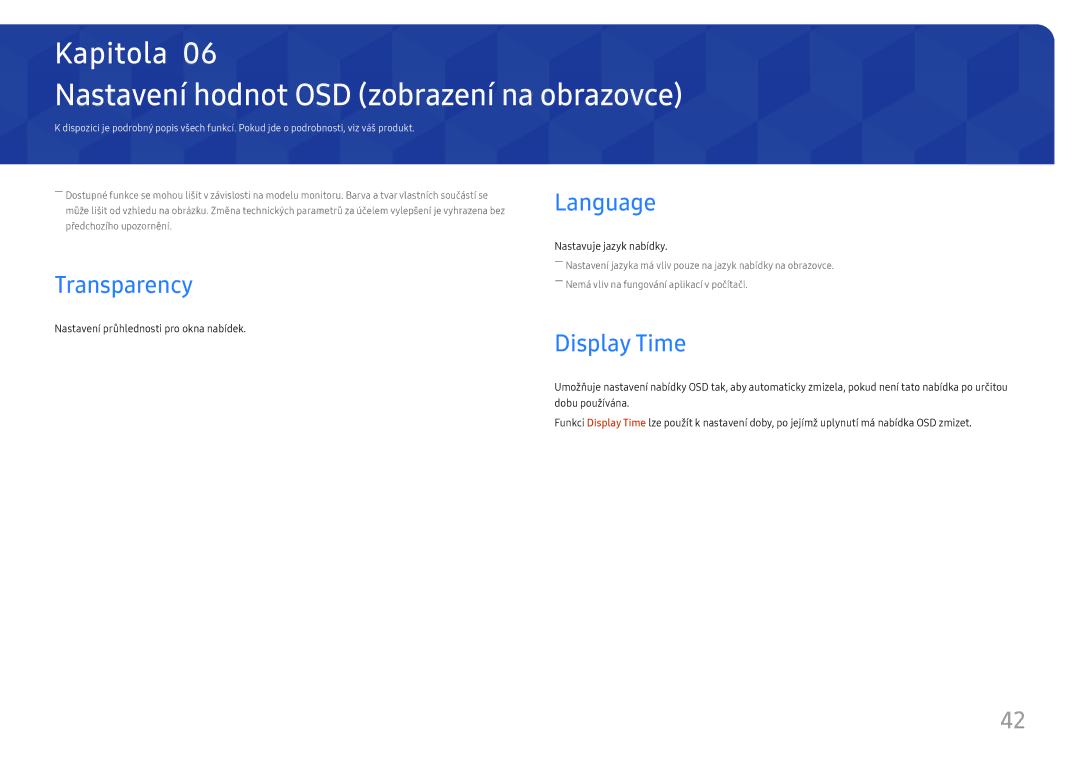 Samsung LU32H850UMUXEN, LU28H750UQUXEN Nastavení hodnot OSD zobrazení na obrazovce, Language Transparency, Display Time 