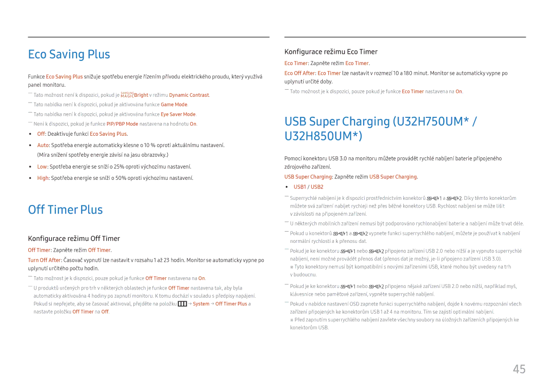 Samsung LU28H750UQUXEN, LU32H850UMUXEN manual Eco Saving Plus, Off Timer Plus, USB Super Charging U32H750UM* / U32H850UM 