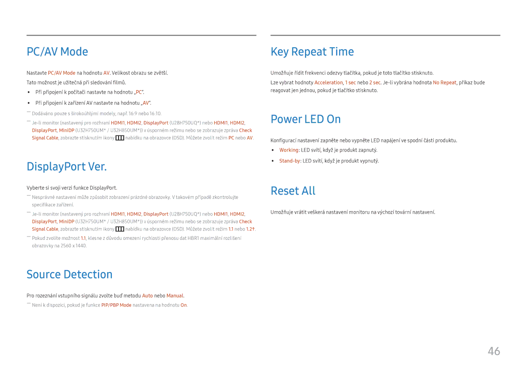 Samsung LU32H850UMUXEN manual PC/AV Mode, DisplayPort Ver, Source Detection, Key Repeat Time, Power LED On, Reset All 