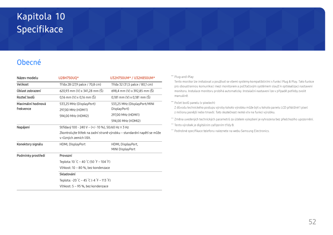 Samsung LU32H850UMUXEN, LU28H750UQUXEN manual Specifikace, Obecné 