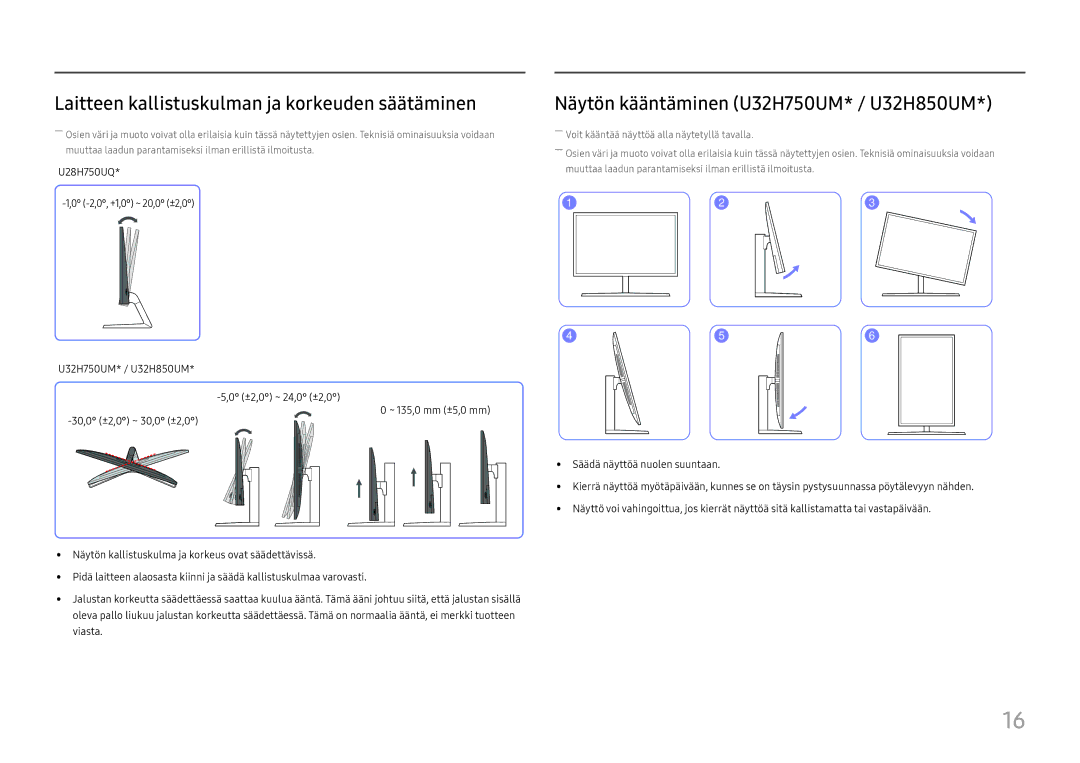 Samsung LU32H850UMUXEN manual Laitteen kallistuskulman ja korkeuden säätäminen, Näytön kääntäminen U32H750UM* / U32H850UM 