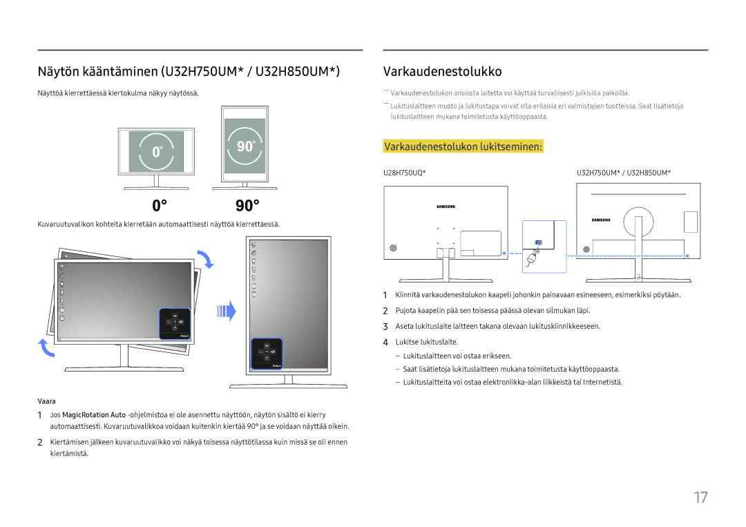 Samsung LU28H750UQUXEN, LU32H850UMUXEN manual Varkaudenestolukko, Vaara 