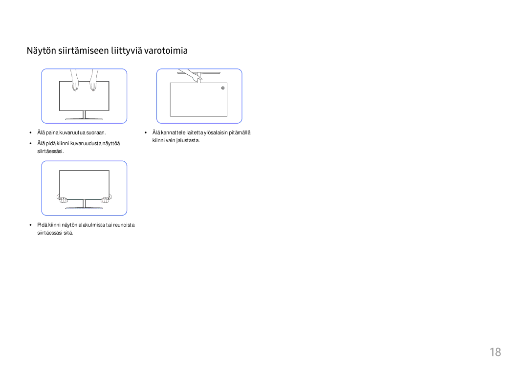 Samsung LU32H850UMUXEN, LU28H750UQUXEN manual Näytön siirtämiseen liittyviä varotoimia 