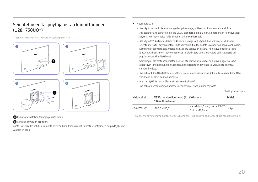 Samsung LU32H850UMUXEN, LU28H750UQUXEN manual Seinätelineen tai pöytäjalustan kiinnittäminen U28H750UQ, Millimetreinä 