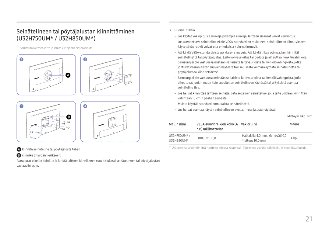 Samsung LU28H750UQUXEN, LU32H850UMUXEN manual Mallin nimi, Vakioruuvi 