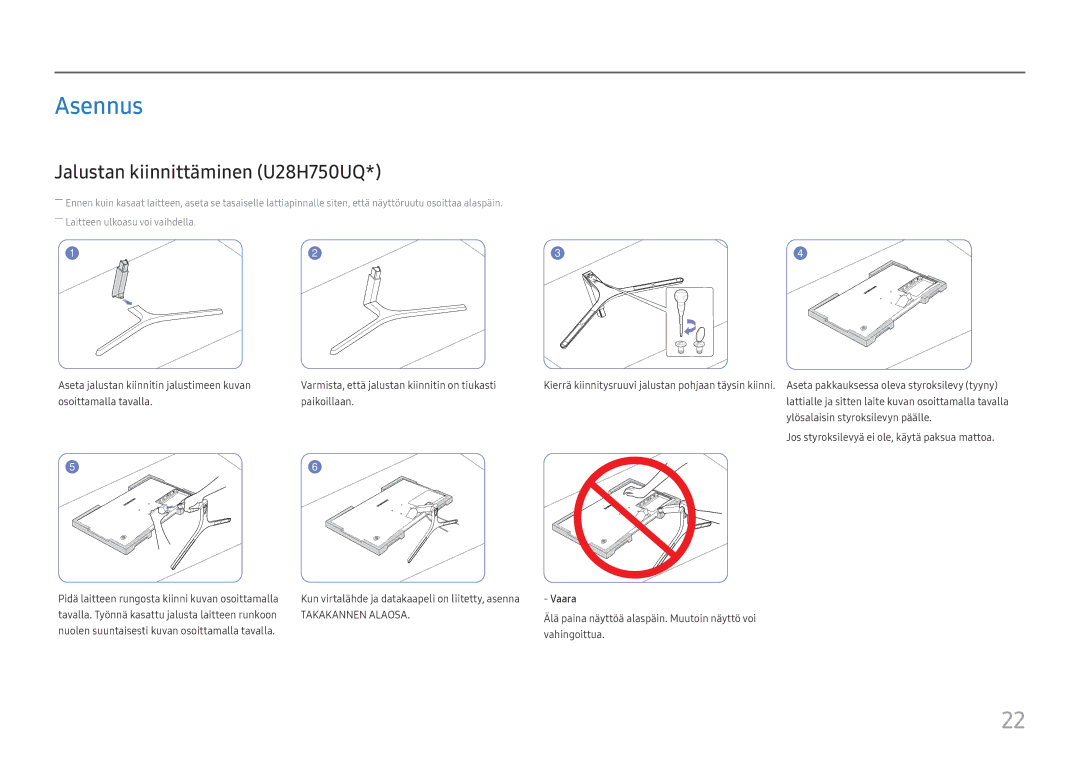 Samsung LU32H850UMUXEN, LU28H750UQUXEN manual Asennus, Jalustan kiinnittäminen U28H750UQ 