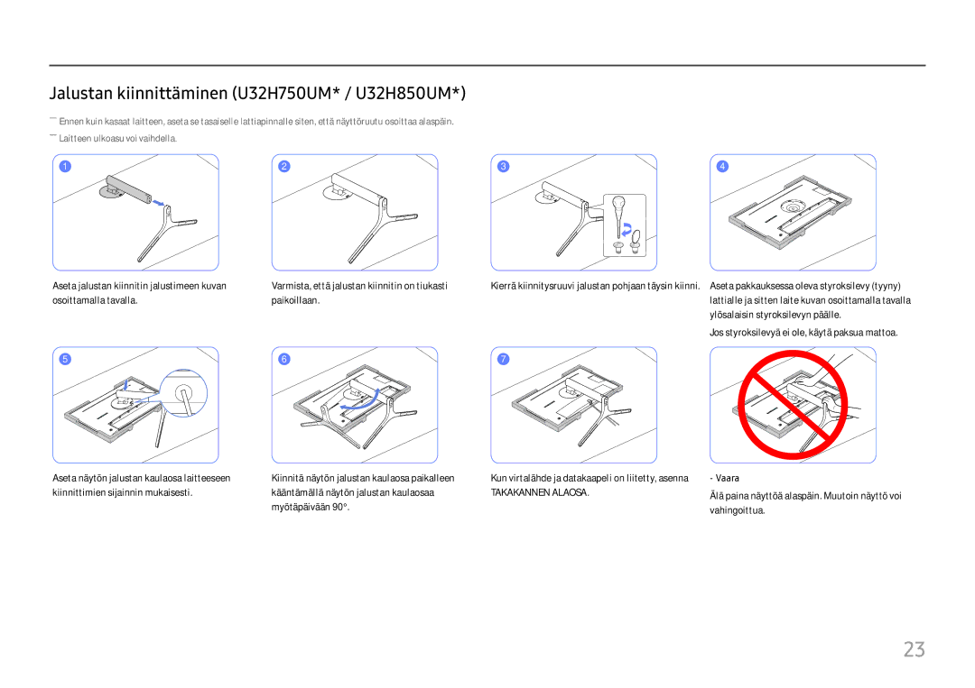 Samsung LU28H750UQUXEN, LU32H850UMUXEN manual Jalustan kiinnittäminen U32H750UM* / U32H850UM 