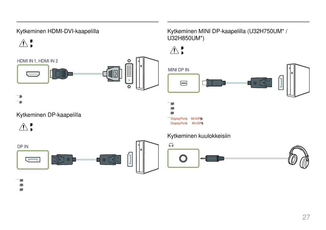 Samsung LU28H750UQUXEN, LU32H850UMUXEN Kytkeminen HDMI-DVI-kaapelilla, Kytkeminen DP-kaapelilla, Kytkeminen kuulokkeisiin 