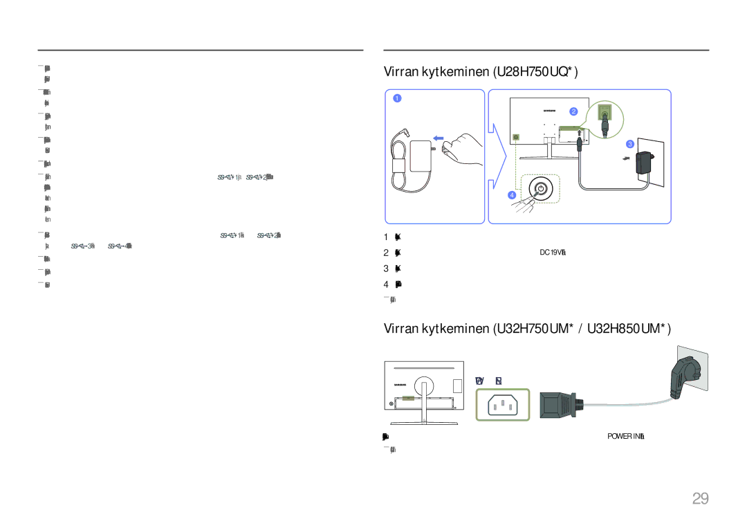 Samsung LU28H750UQUXEN, LU32H850UMUXEN manual Virran kytkeminen U28H750UQ, Virran kytkeminen U32H750UM* / U32H850UM 