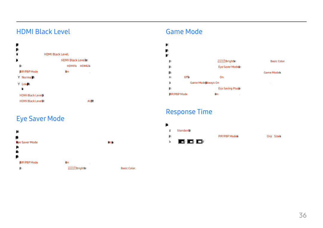 Samsung LU32H850UMUXEN, LU28H750UQUXEN manual Hdmi Black Level, Eye Saver Mode, Game Mode, Response Time 