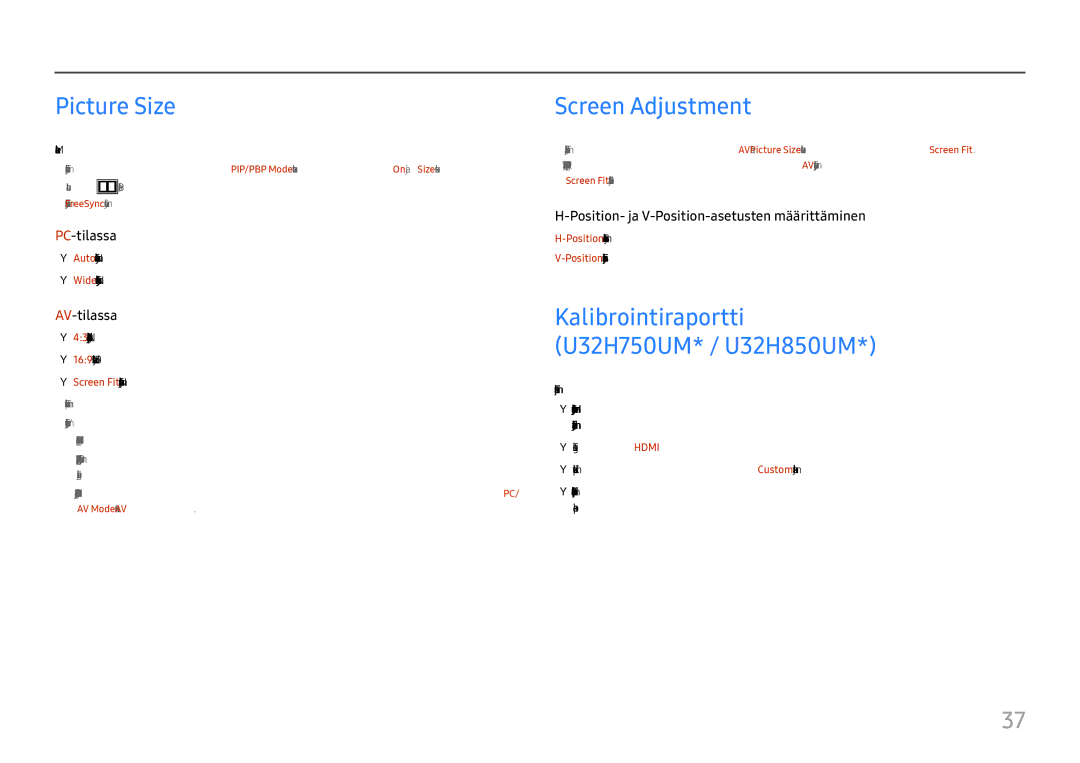 Samsung LU28H750UQUXEN, LU32H850UMUXEN manual Picture Size, Screen Adjustment 