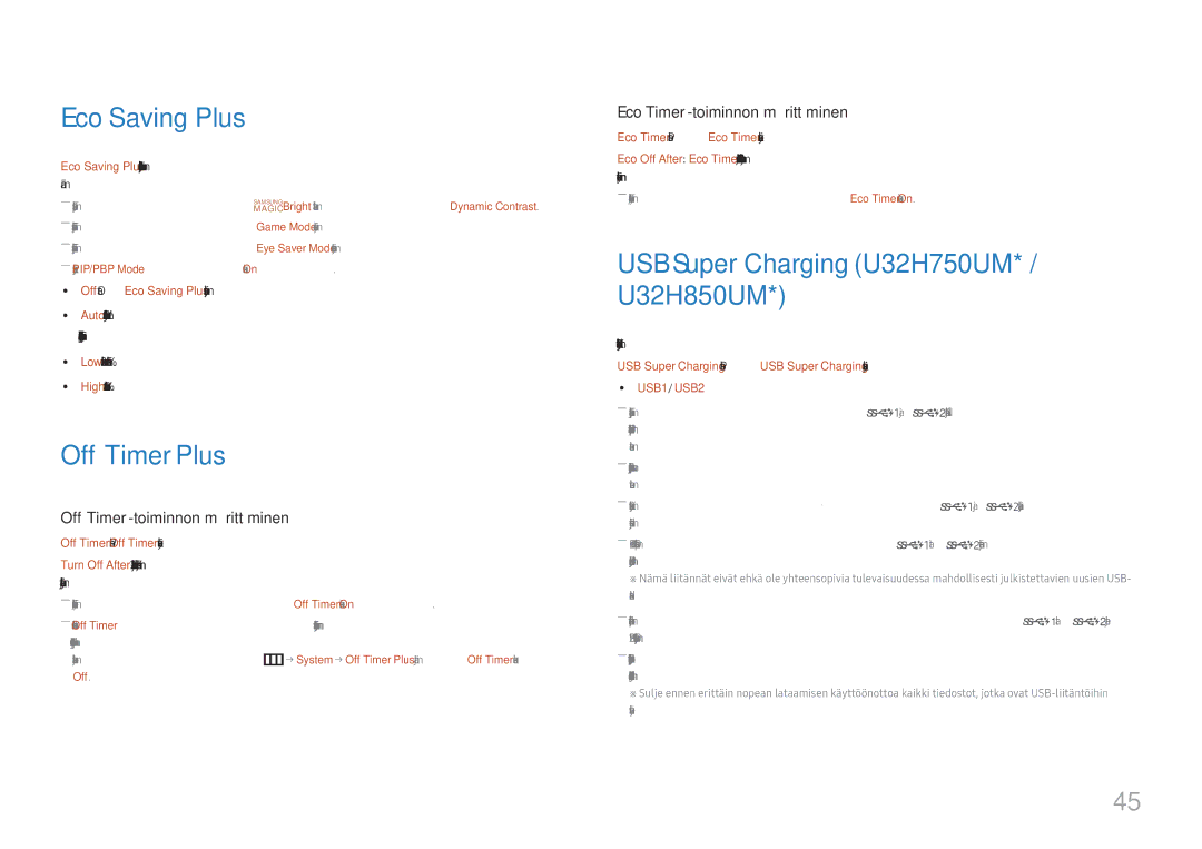 Samsung LU28H750UQUXEN, LU32H850UMUXEN manual Eco Saving Plus, Off Timer Plus, USB Super Charging U32H750UM* / U32H850UM 