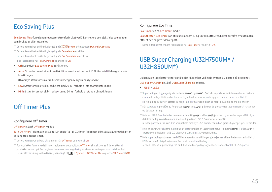 Samsung LU28H750UQUXEN, LU32H850UMUXEN manual Eco Saving Plus, Off Timer Plus, USB Super Charging U32H750UM* / U32H850UM 