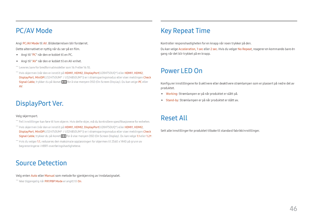 Samsung LU32H850UMUXEN manual PC/AV Mode, DisplayPort Ver, Source Detection, Key Repeat Time, Power LED On, Reset All 