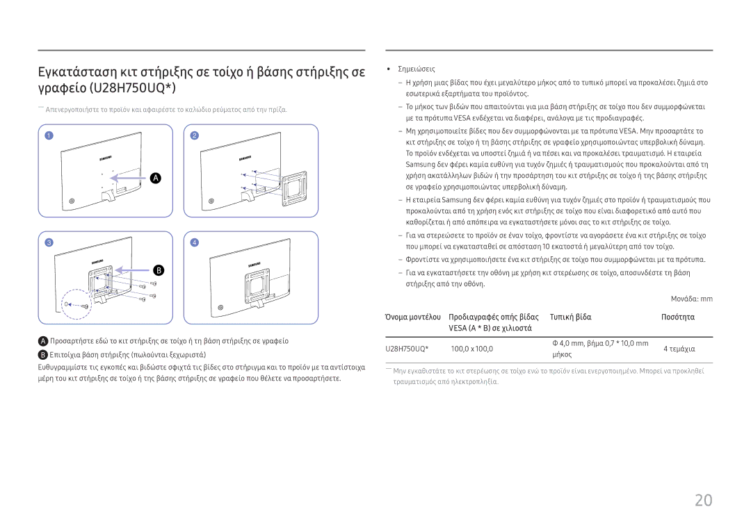 Samsung LU32H850UMUXEN, LU28H750UQUXEN manual Όνομα μοντέλου Προδιαγραφές οπής βίδας Τυπική βίδα, Vesa a * B σε χιλιοστά 